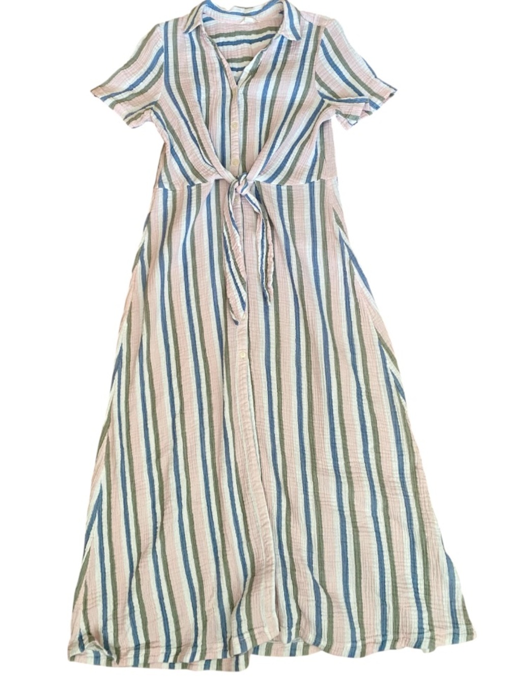 Caslon Striped Cotton Gauze Tie Front Maxi Shirt Dress Pink Boho Cottagecore s